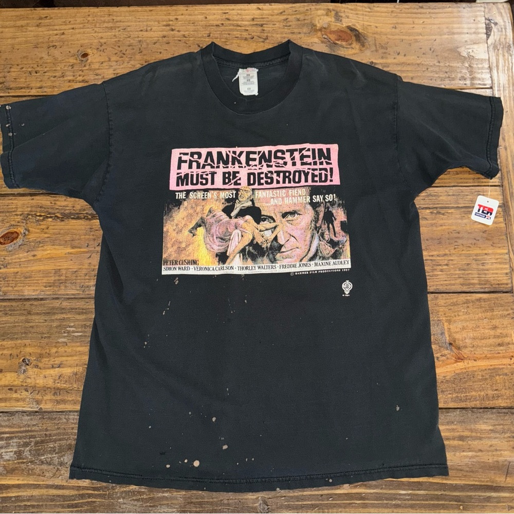Rare Vintage Distressed 1997 Frankenstein Must Be Destroyed Horror Movie Tee XL